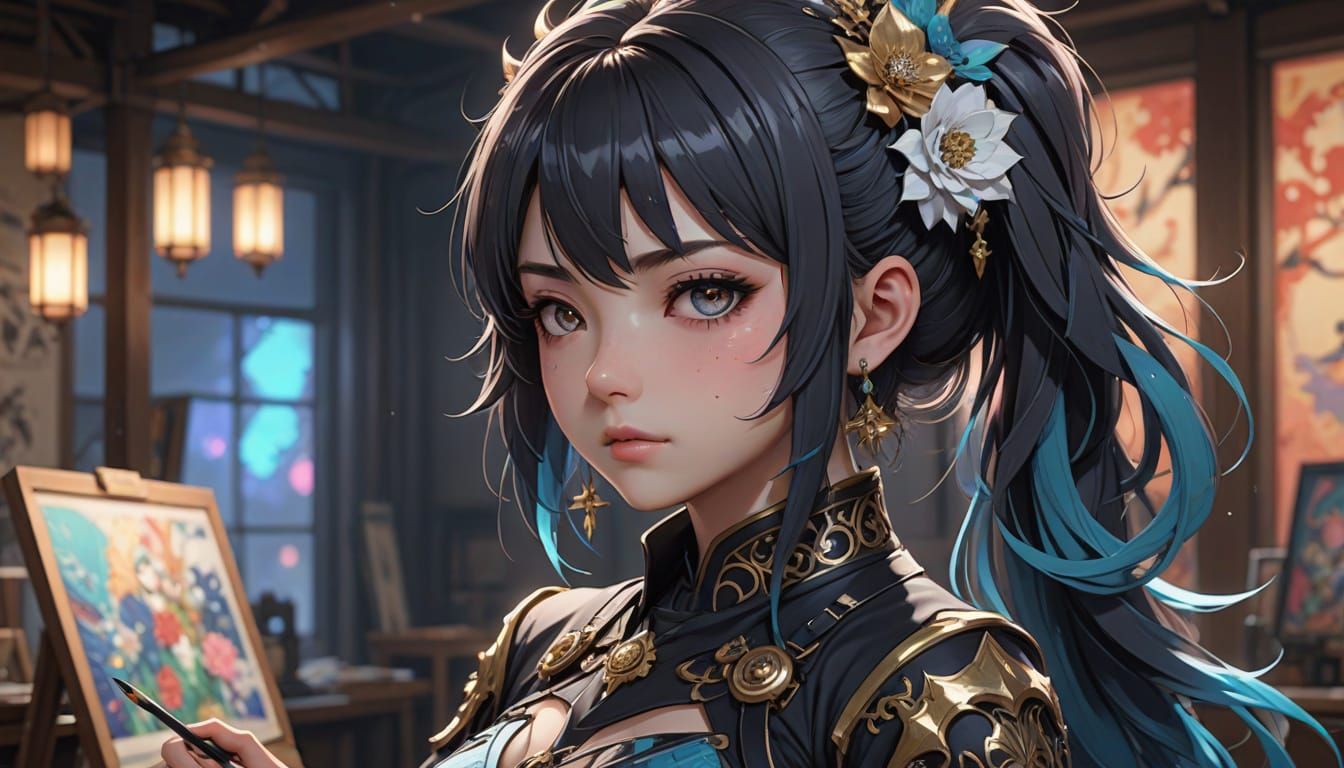 Anime Woman Creating Art in Studio: 3D Portrait