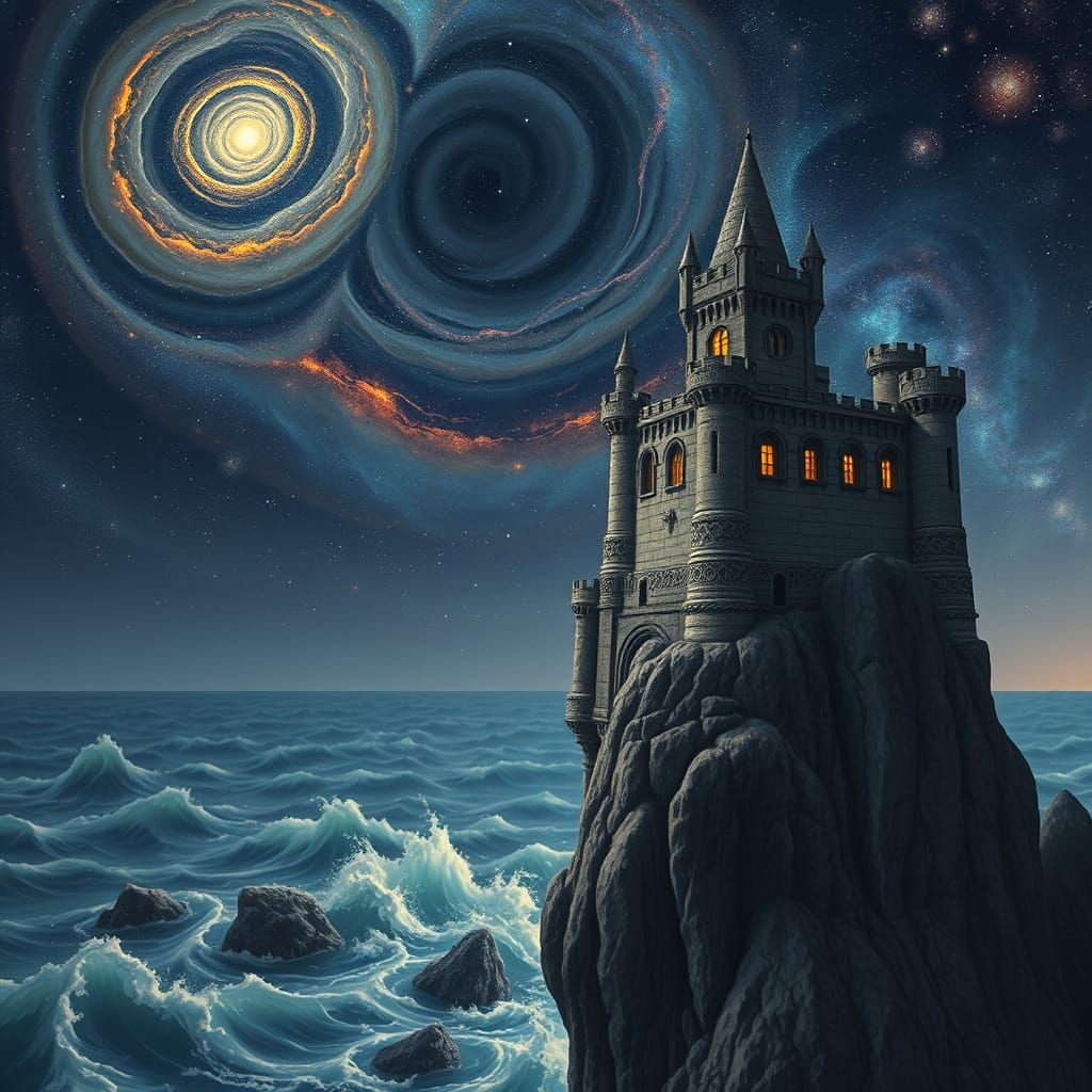 Fantasy Castle on Cliff Overlooking Starlit Sea