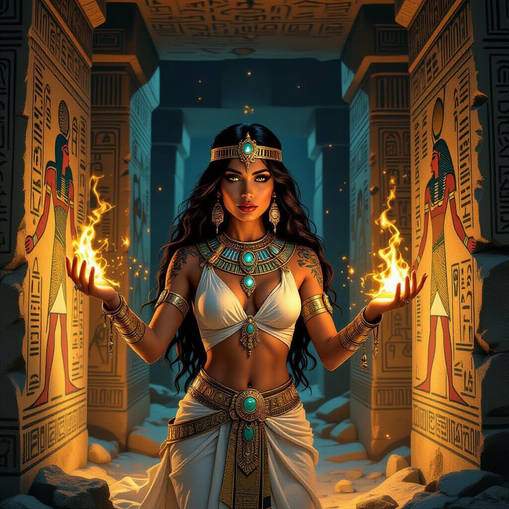 Egyptian Sorceress Conjuring Magic in Ancient Tomb