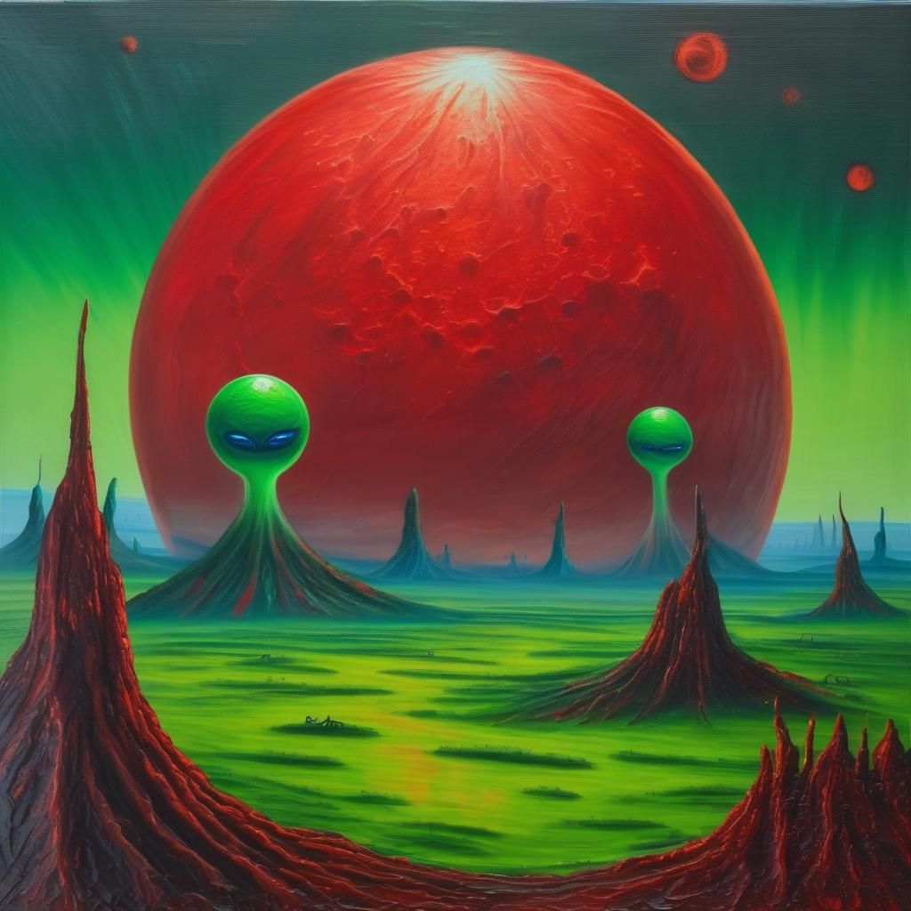 Red Sun Over Green Planet in Oil on Canvas