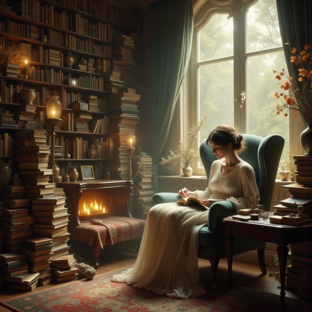 Teacher Resting Among Books in Warm Light