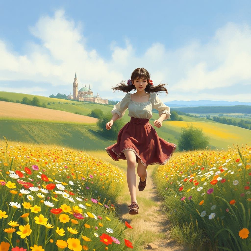 Girl in Flower Field: American Impressionism Style