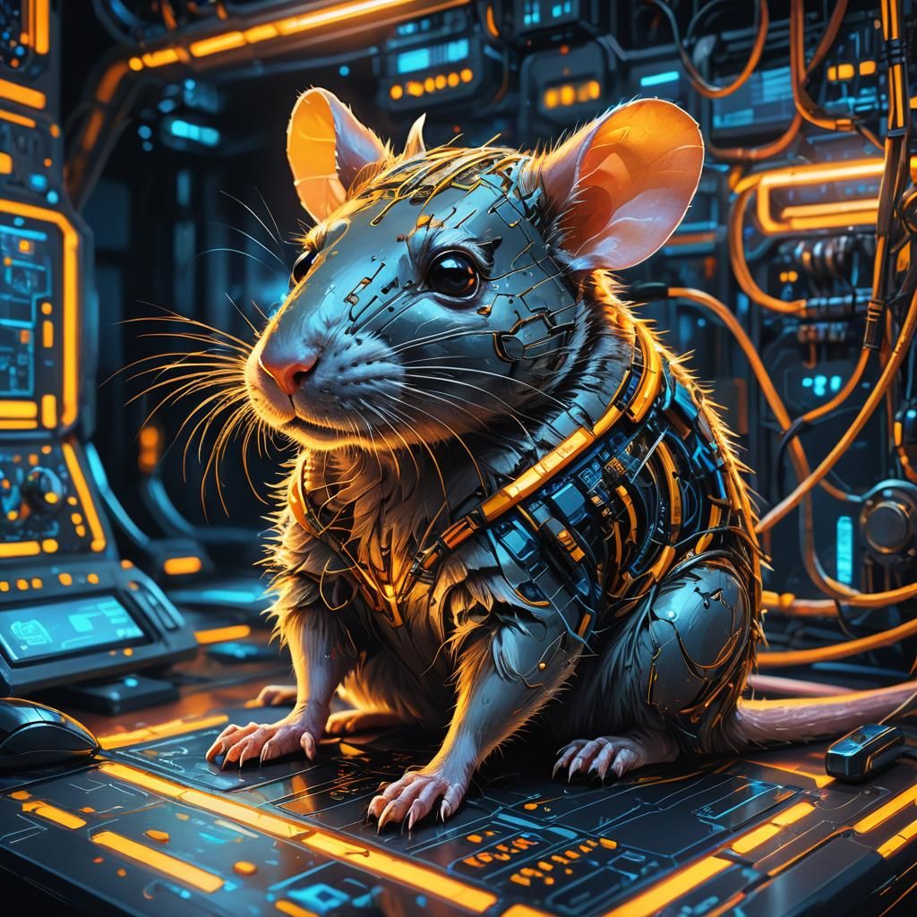 Neon Laboratory Rat on Futuristic Computer Mouse