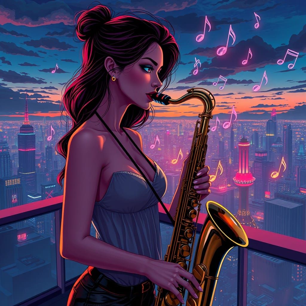 Woman Saxophonist on Rooftop Overlooking Futuristic City at ...