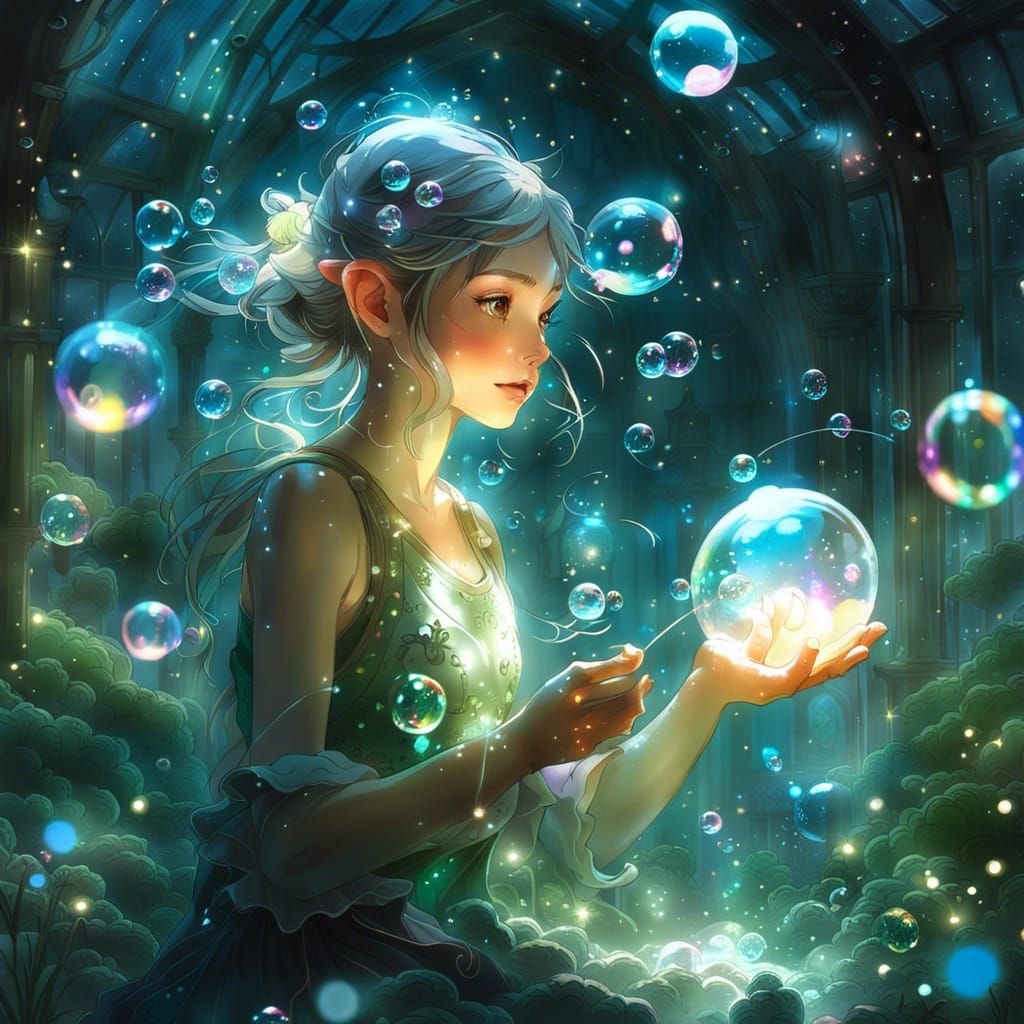 Fairy Blowing Bubbles in Bioluminescent Greenhouse