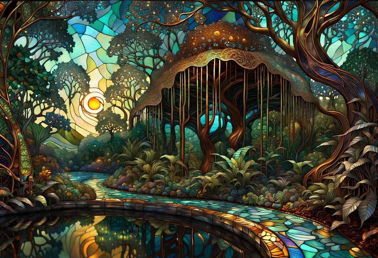 Tiffany Stained Glass: Paranoid Jungle at Twilight