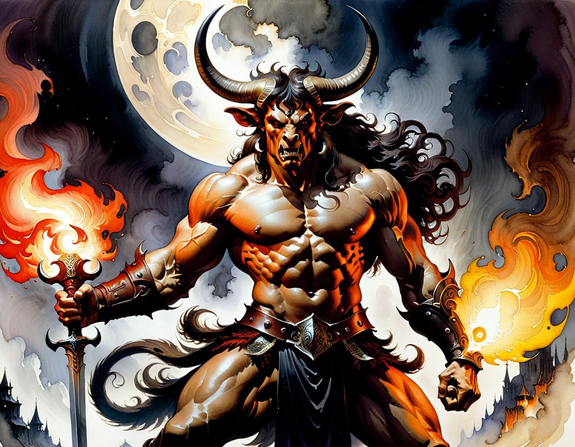 Blazing Minotaur in Watercolor Style