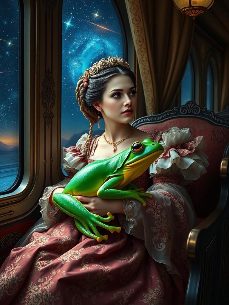 Renaissance Princess on Train with Frog, Hyperrealistic