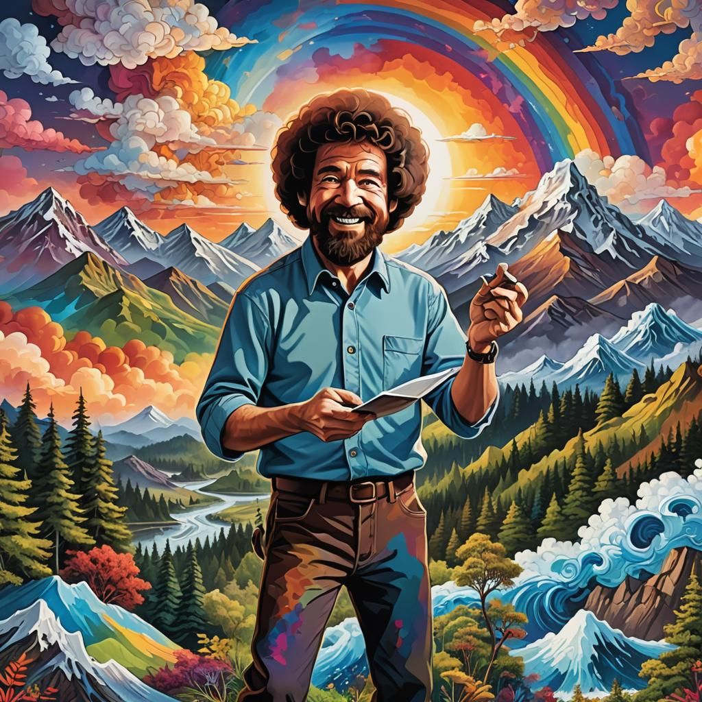 Bob Ross Action Painting with Rainbow Sunrise
