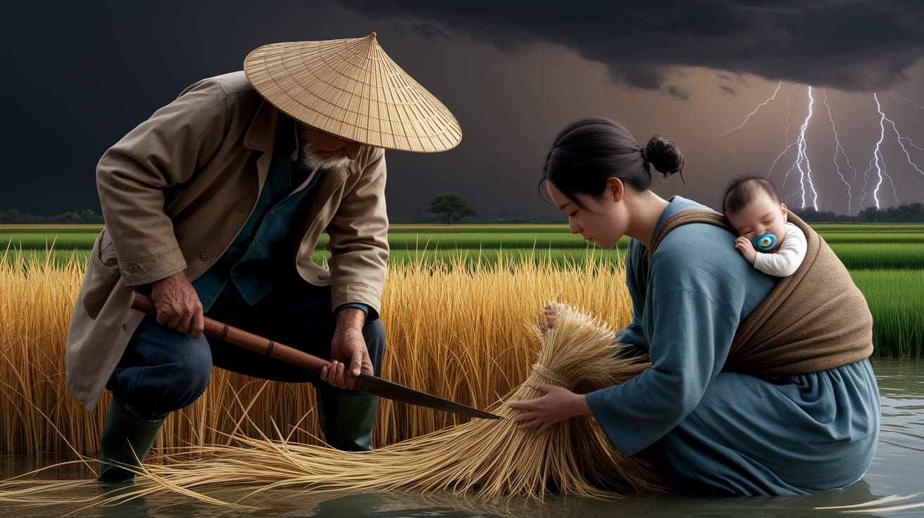 Heartwarming Rice Paddy Scene Before the Storm