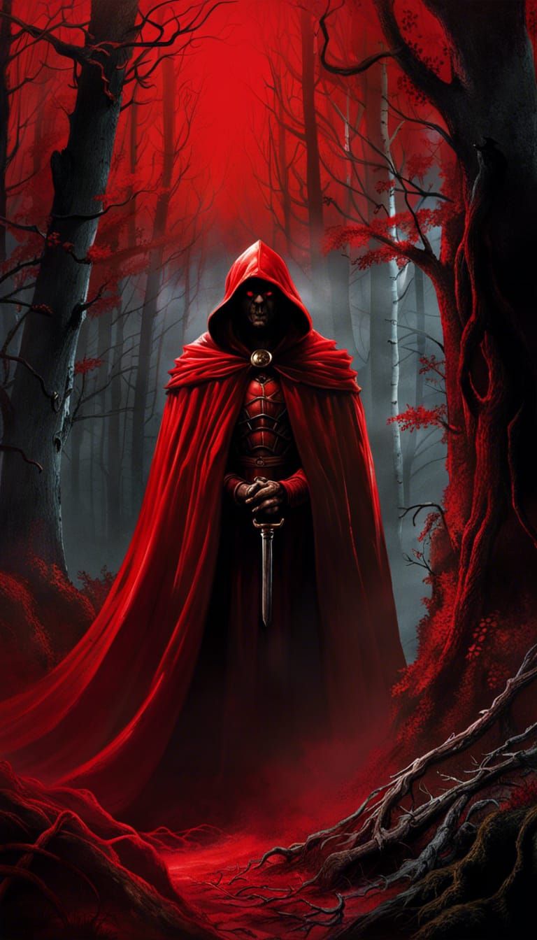 Dramatic Forest Scene with Figure in Red Cloak