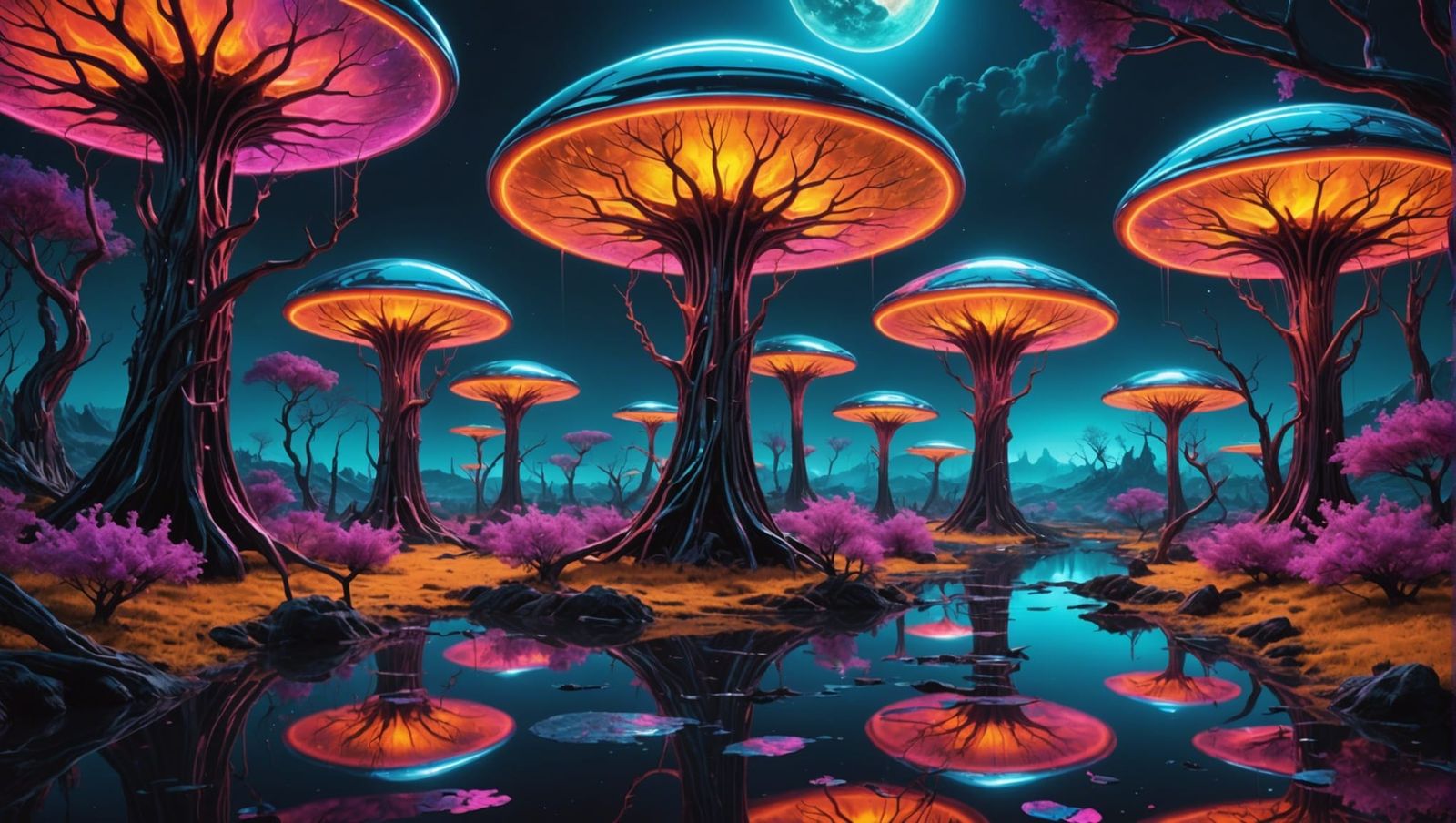 Surreal Neon Alien Landscape with Liquid Metal Trees