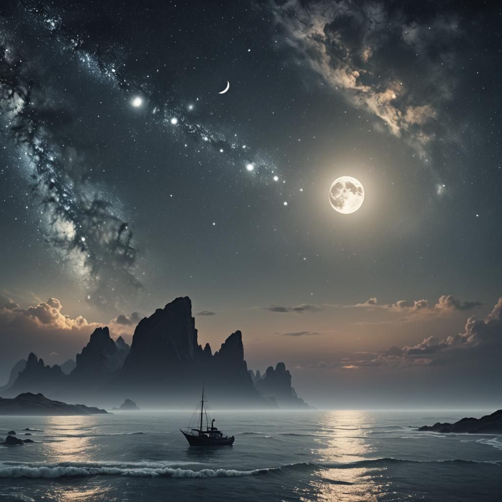 Mysterious Ocean Galaxy Moonlit Night Matte Painting