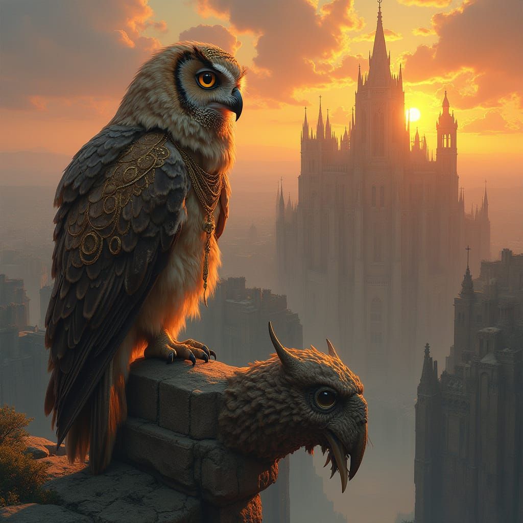 Gothic Cathedral Overlook: A Fantasy Owl's Vigil
