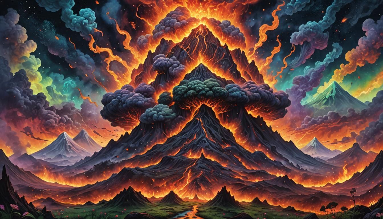 Fire Volcano Erupts on Clover, Holographic Illustration