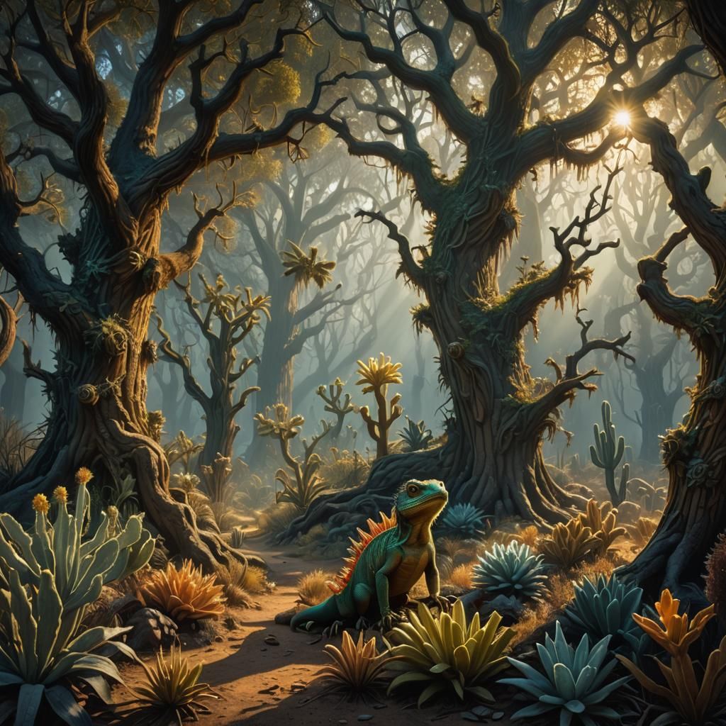 Lizards in Oak Forest, Digital Oil Painting