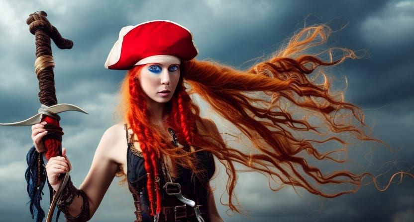 Red-Haired Pirate Woman on Ship, Digital Painting