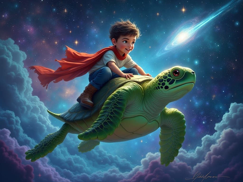 Boy Rides Galactic Turtle Through Nebula