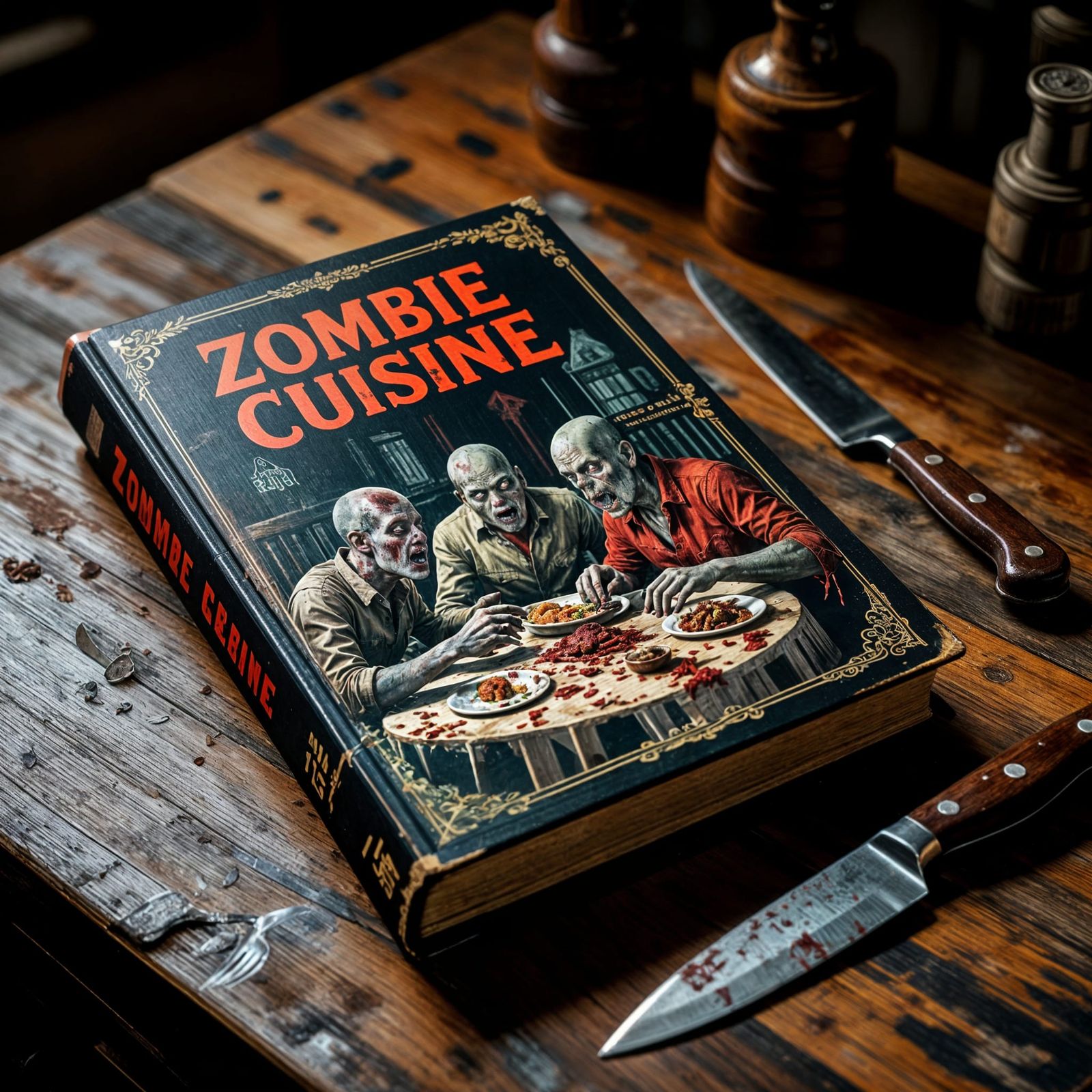 Zombie Cuisine Cookbook on Worn Wood Counter