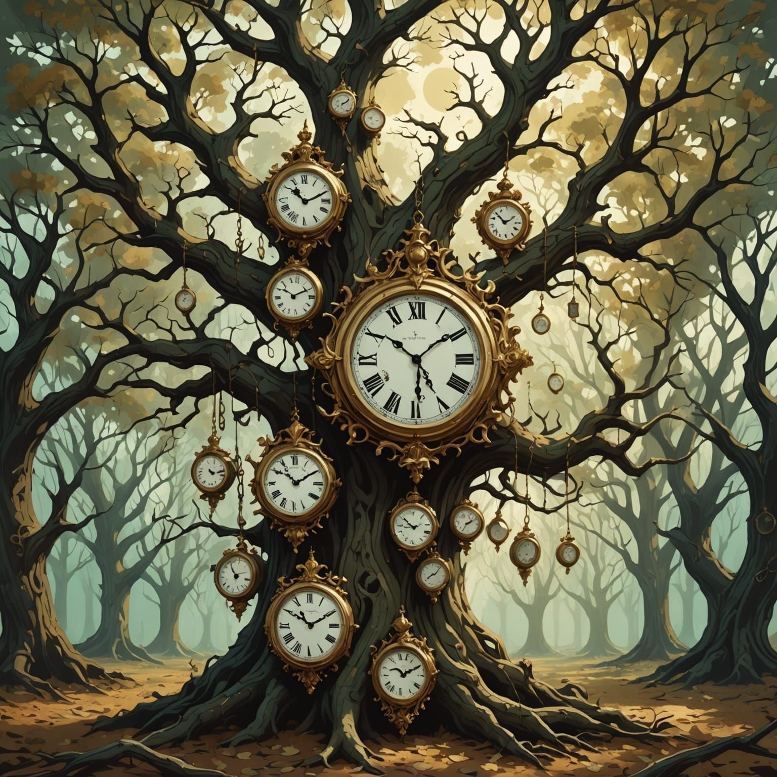 Melting Clocks in Surreal Dreamlike Forest, a Surrealist Vis...