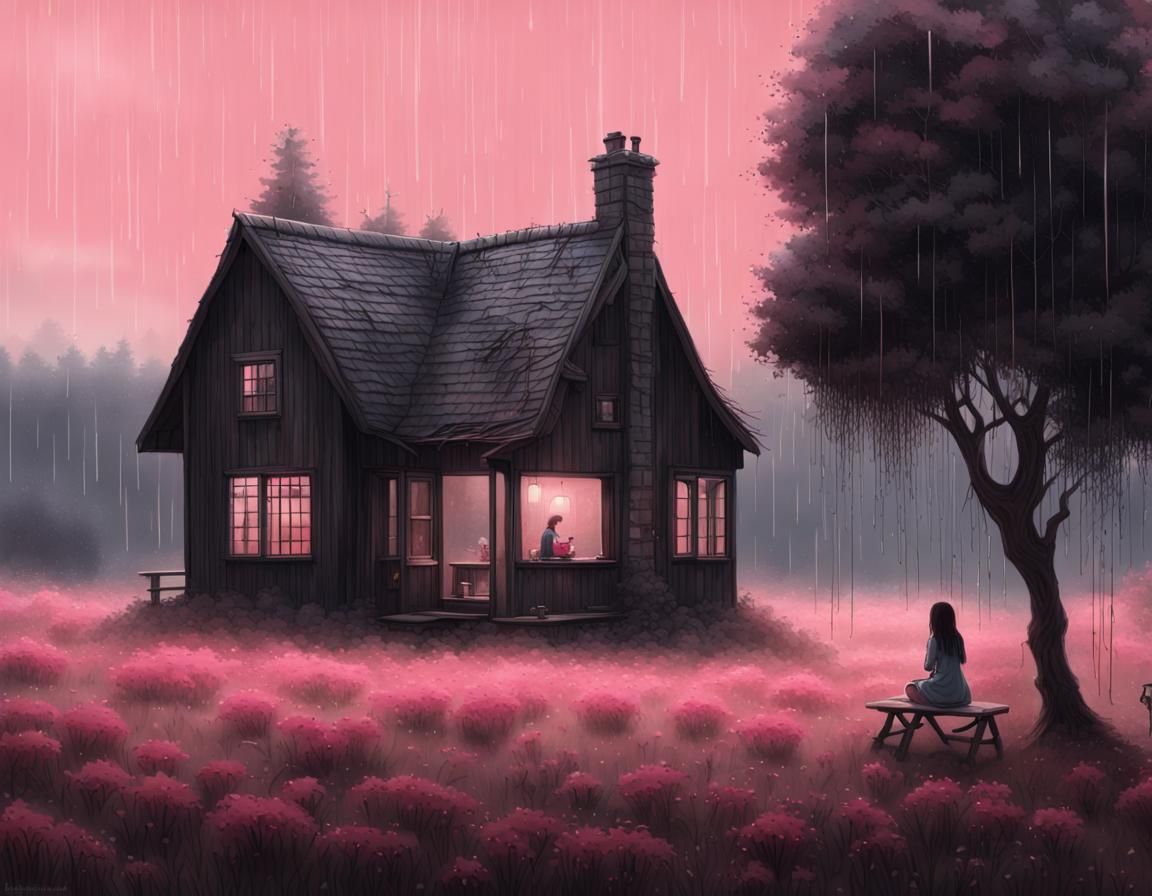 Peaceful Cottage in Field with Pink Willow: Matte Painting