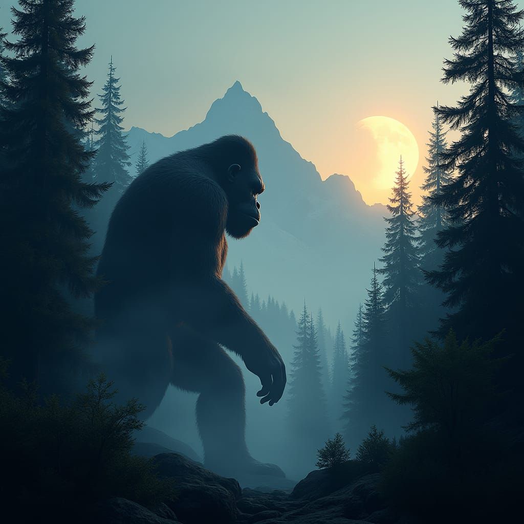Bigfoot in Evergreen Forest Under Crescent Moon