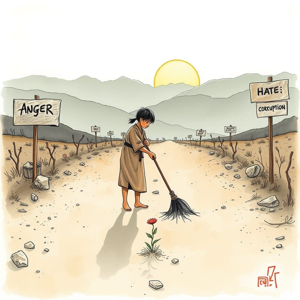 Hopeful Figure Sweeping Road at Sunrise