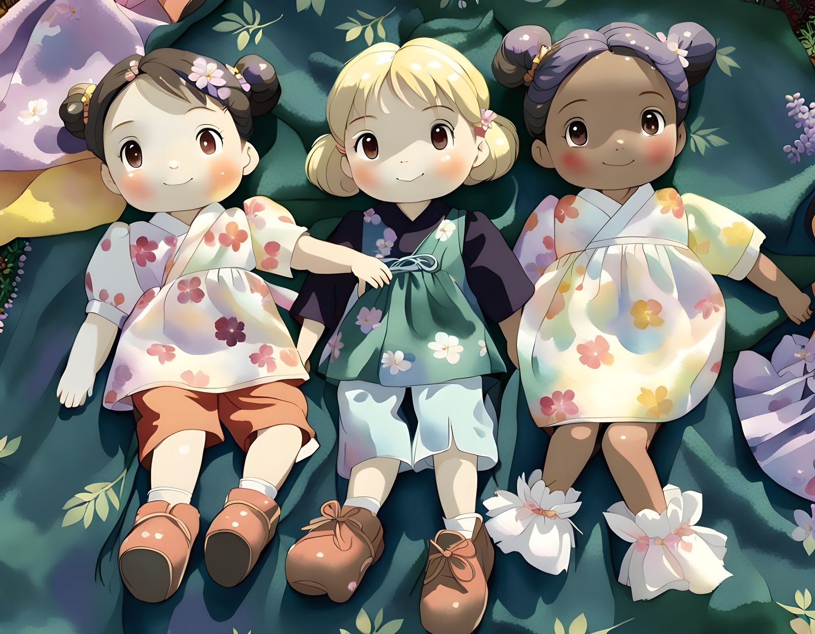 Three Young Friends Picnic in a Vibrant Forest Wonderland