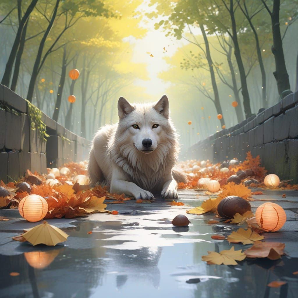 Wolf in Autumn Lantern Street: Watercolour Painting