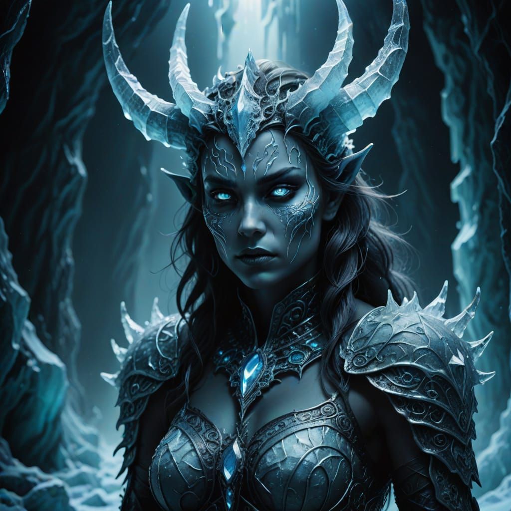 Dark Fantasy Ice Devil in Frosty Cavern