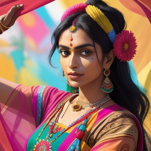 Vibrant Indian Woman in Playful Festival Attire