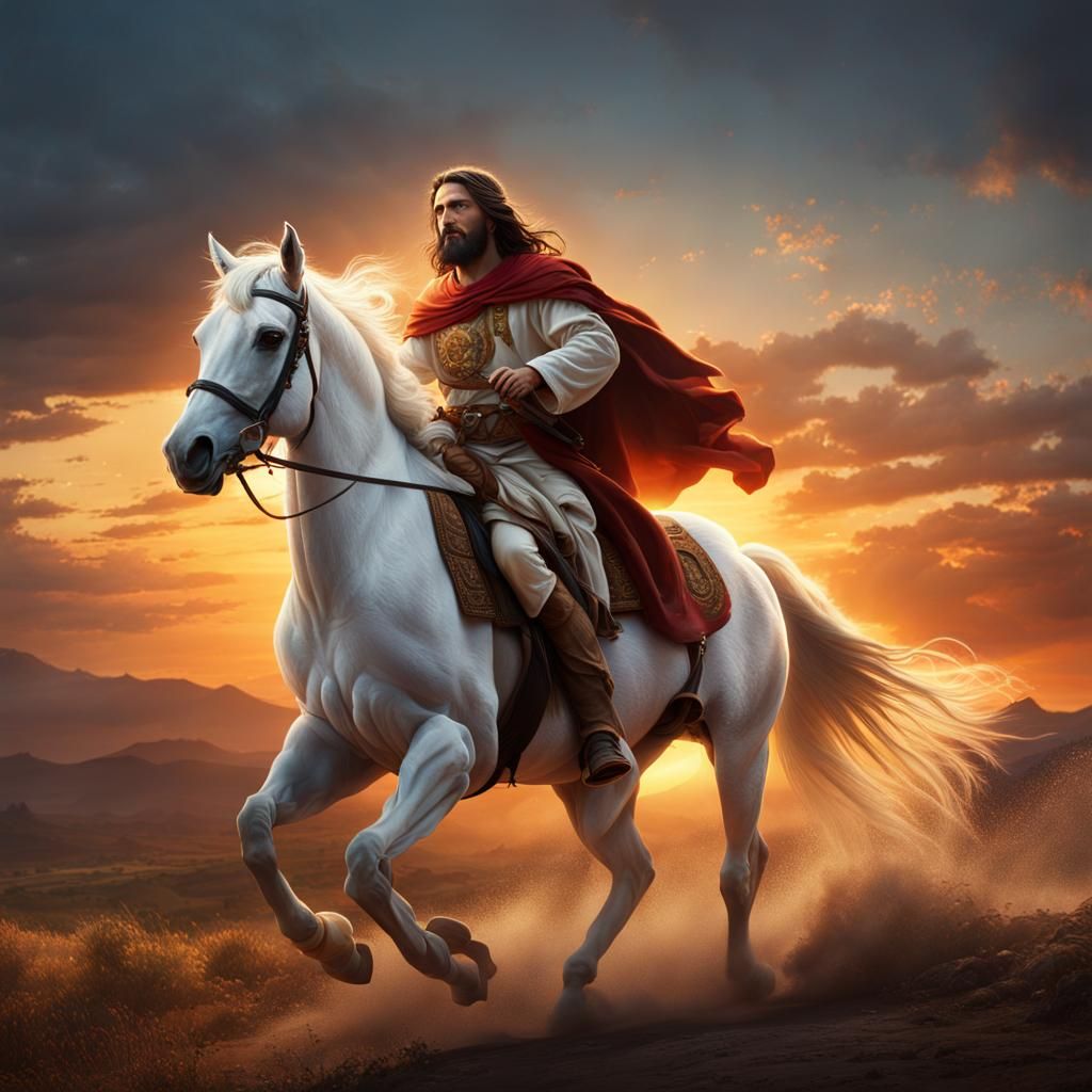 Jesus Rides a White Horse at Sunset