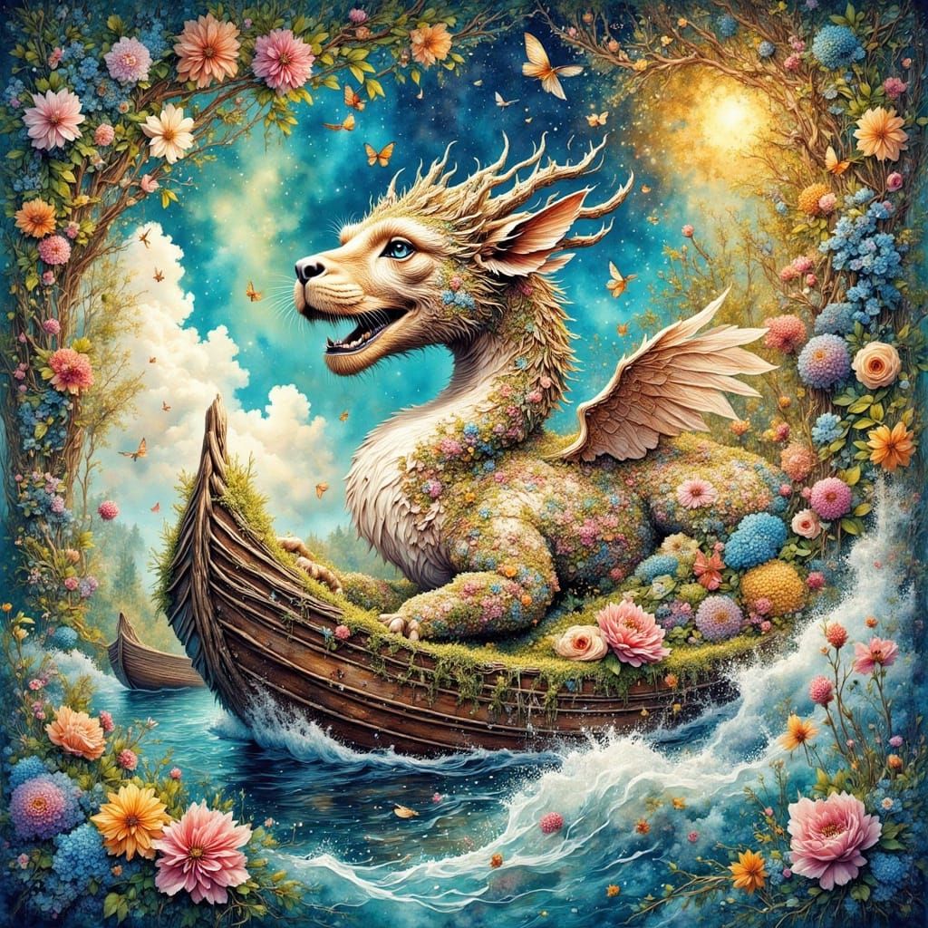 Giant Shark Encounters Fishing Boat in Watercolor Style