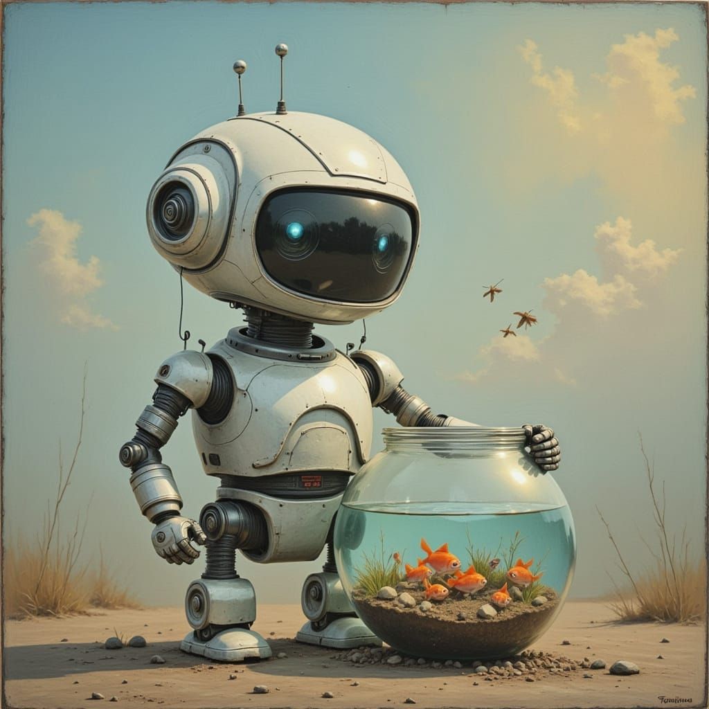 Cute Robot Holding Fishbowl as Chalk Oil Painting