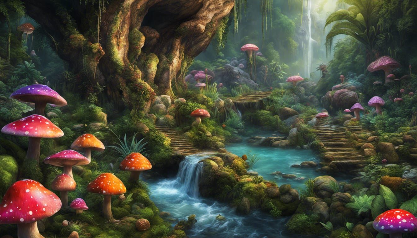 Exotic Jungle Cascade with Fairies and Colorful Mushrooms