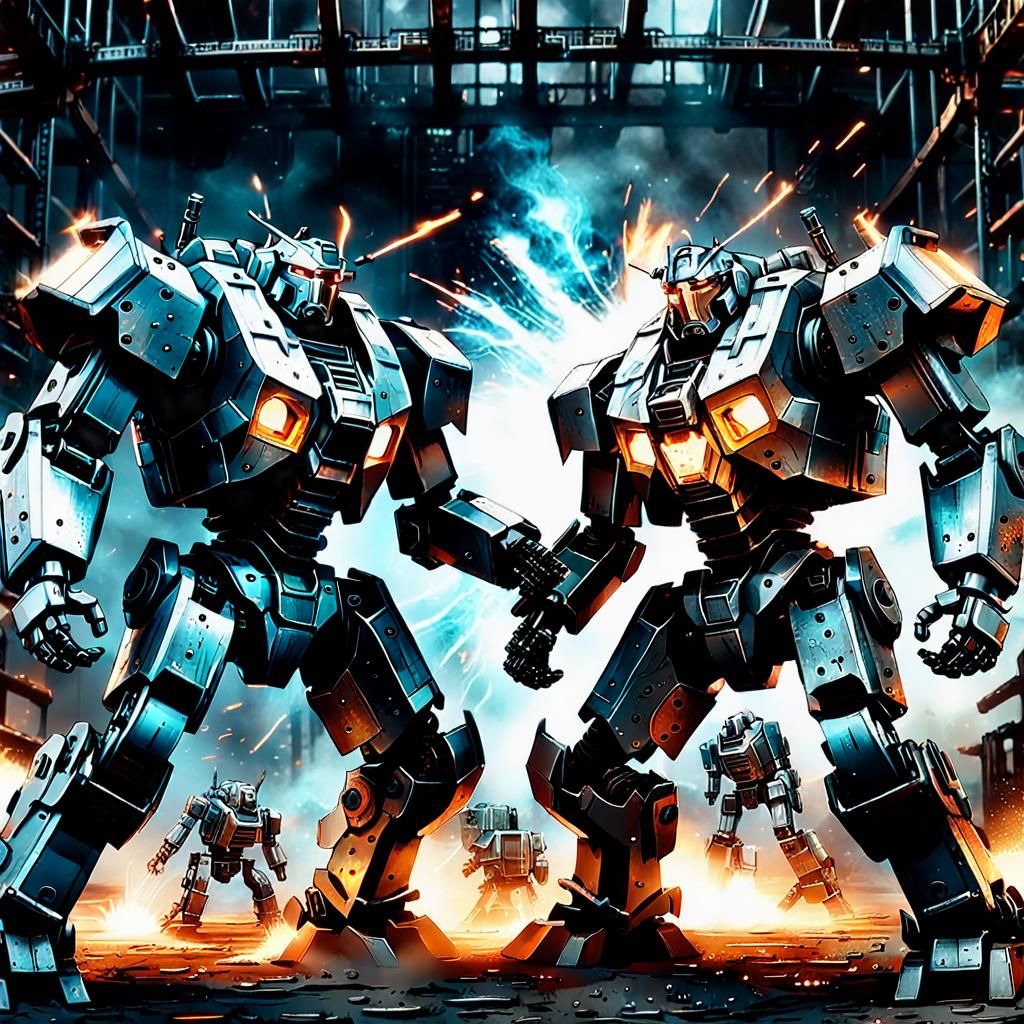Intense Mecha Battle in Caged Arena: Digital Art