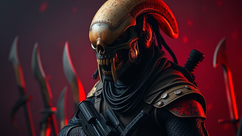 Mercenary in Xenomorph Helmet with Hunting Gear