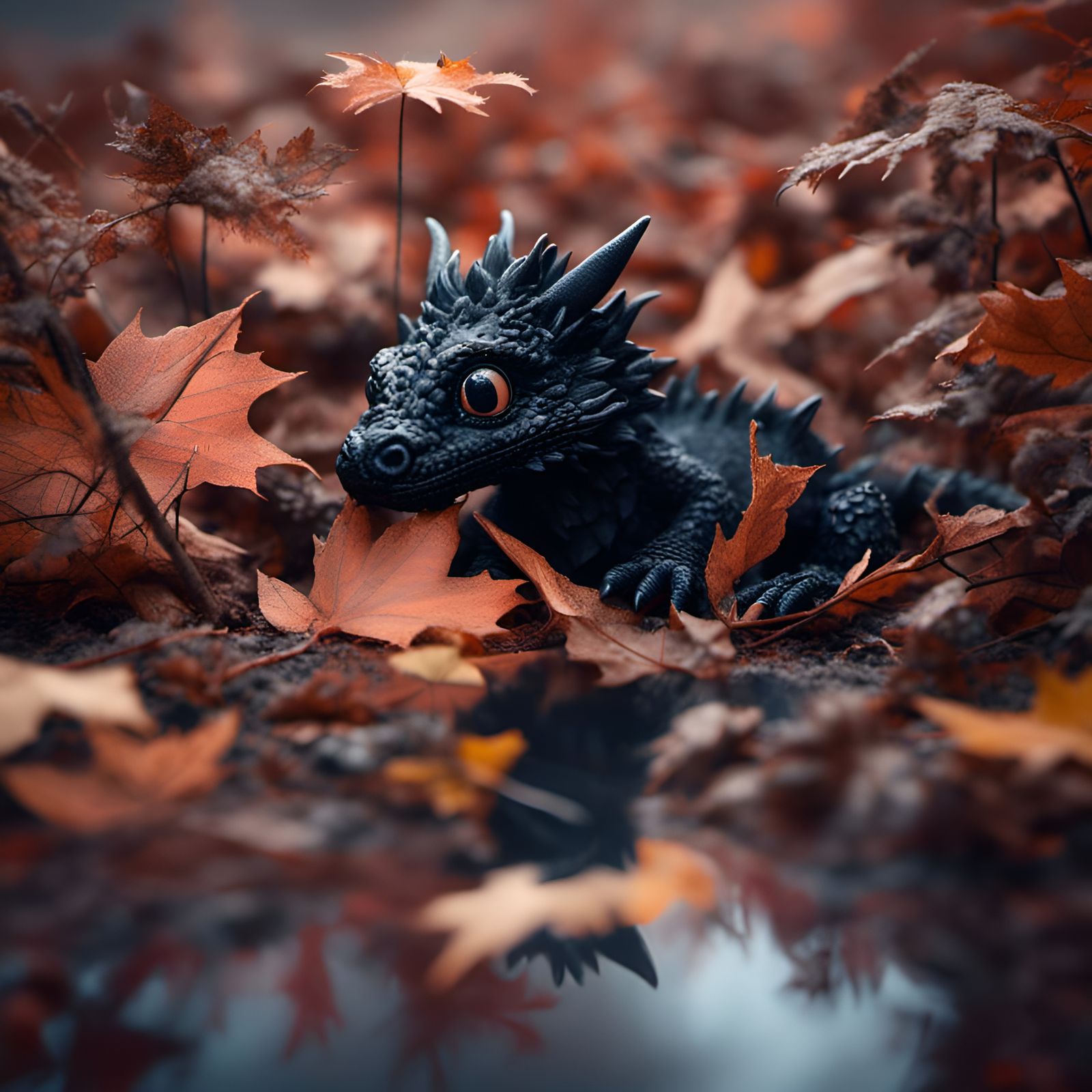 Baby Black Dragon in Autumn Leaves