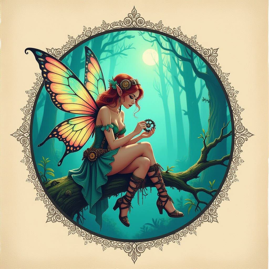 Steampunk Fairy in Bioluminescent Forest Portrait