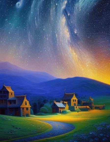 Medieval Village Under Stars in Pointillism Style