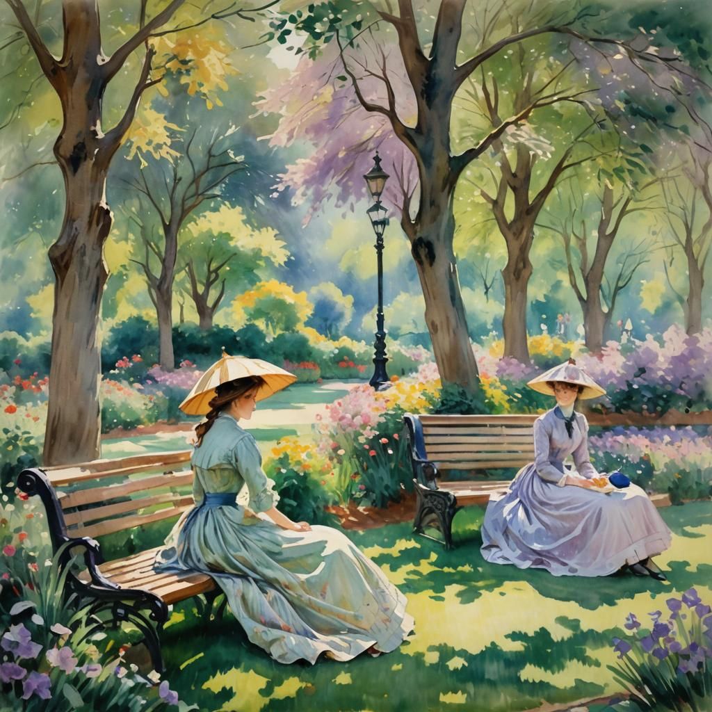 Impressionist Ladies with Parasols in Garden Scene