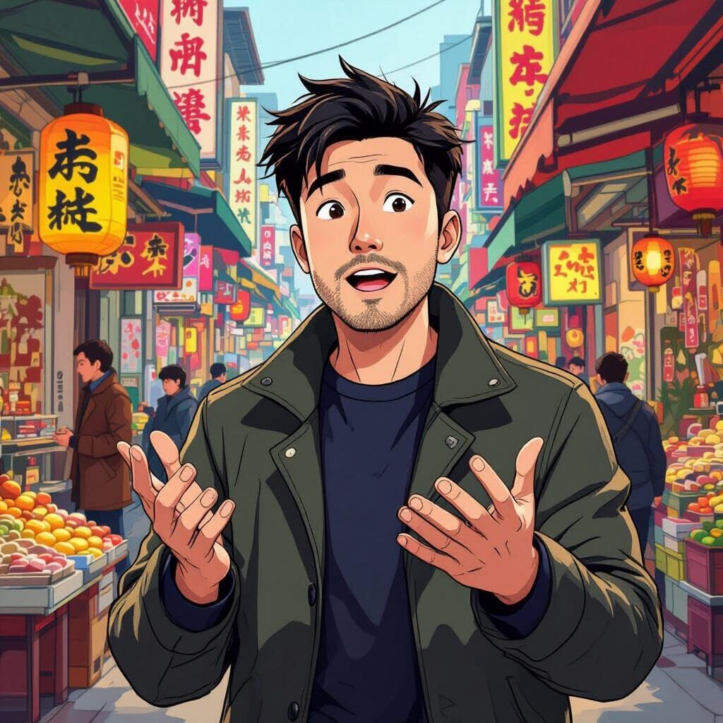 Short Man Gesturing Rapidly in Bustling Market Scene