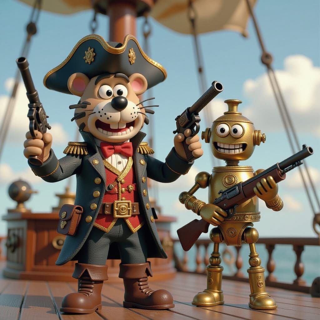 Steampunk Tiger Captain on Airship in Claymation Style