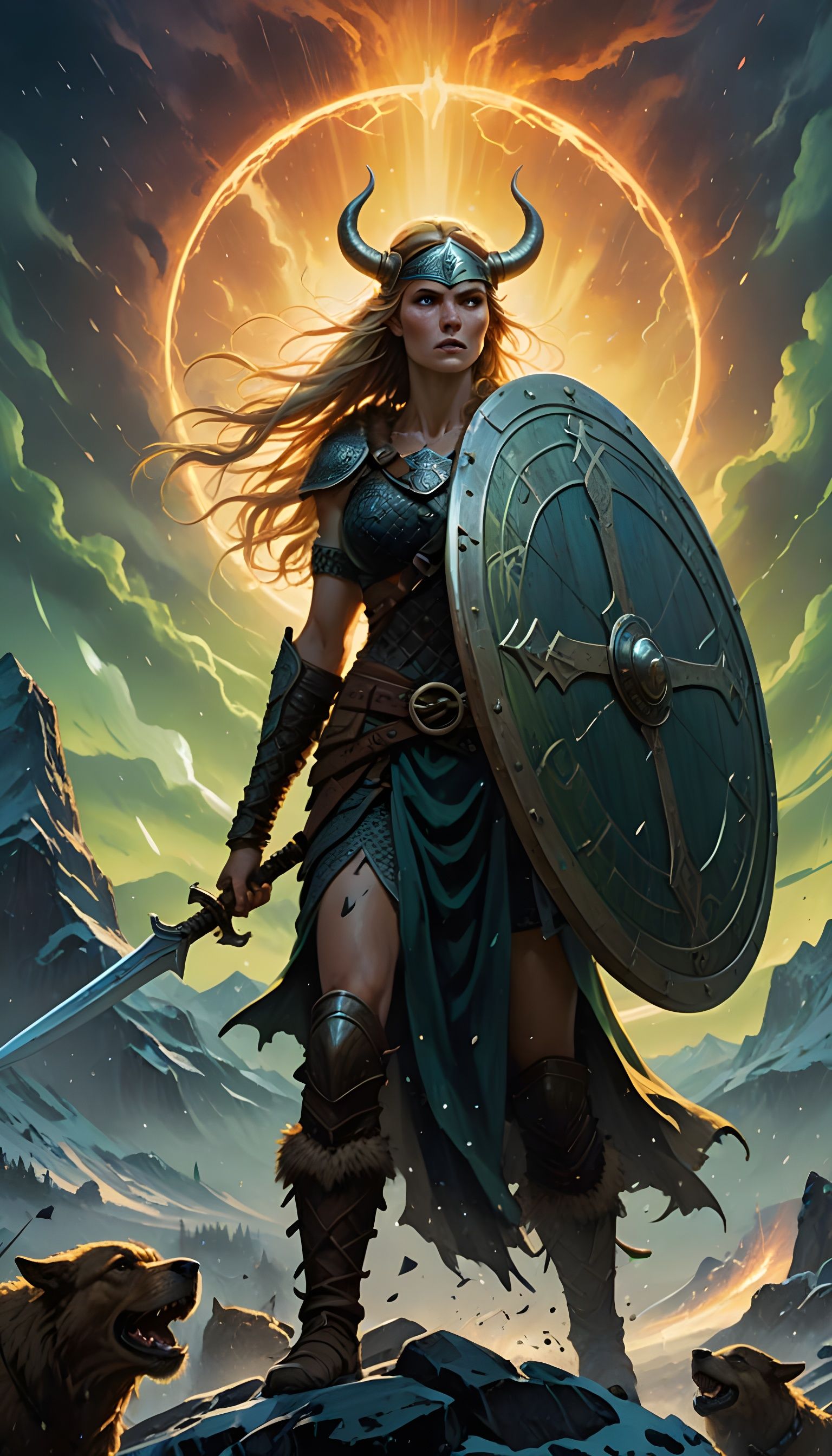 Epic Viking Shieldmaiden in Battle, Fantasy Art