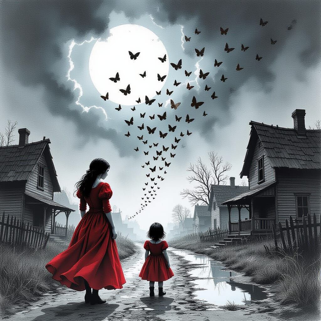 Orc and Babygirl in Ruined Village, Dark Fantasy Ink Art