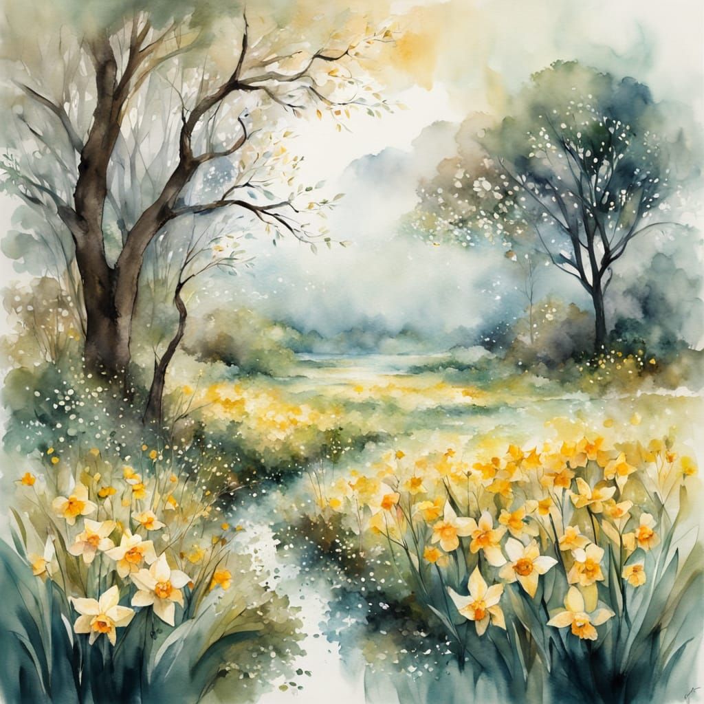 Dreamy Watercolor Valley with Daffodils after Rain