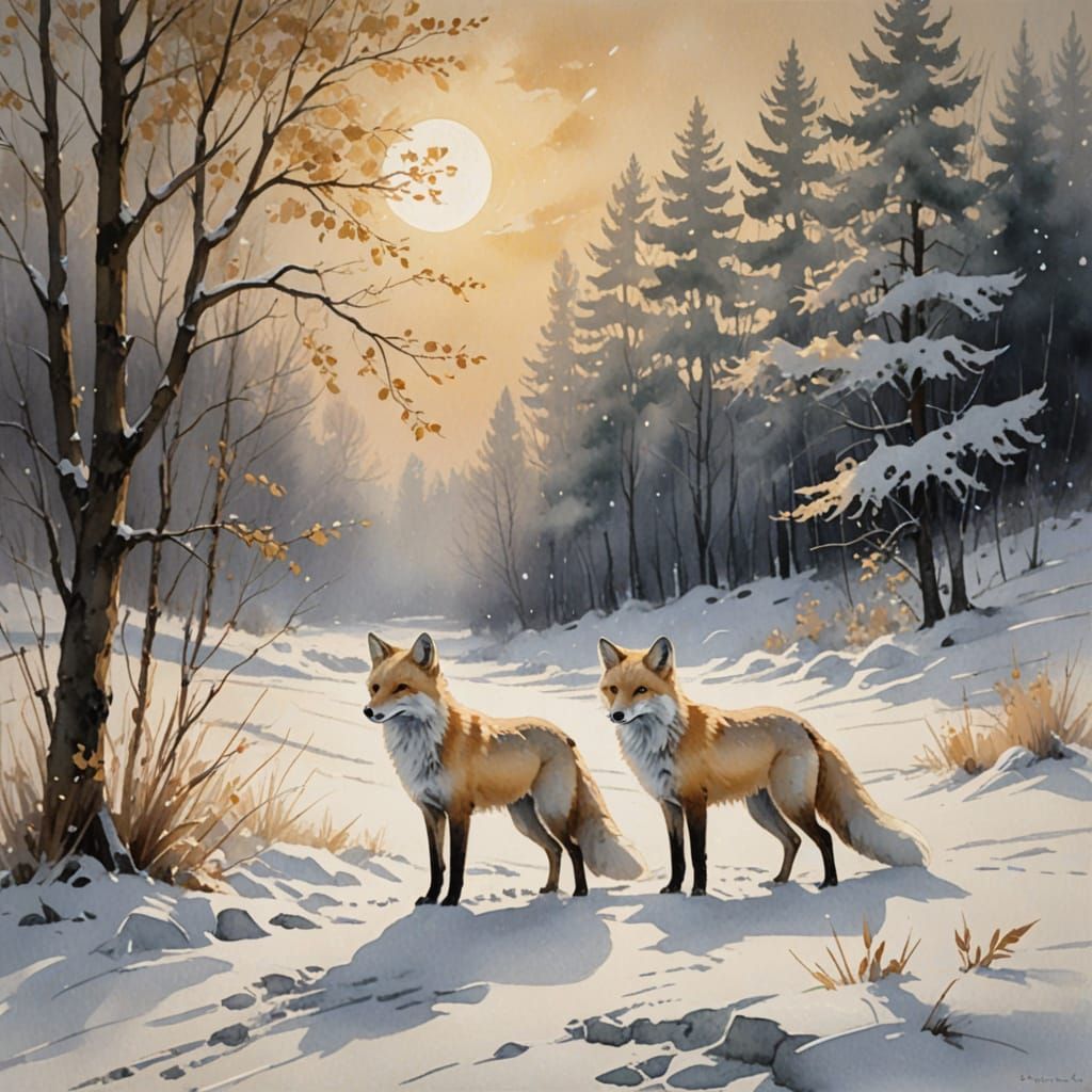 White Fox in Snowy Landscape Watercolor Painting