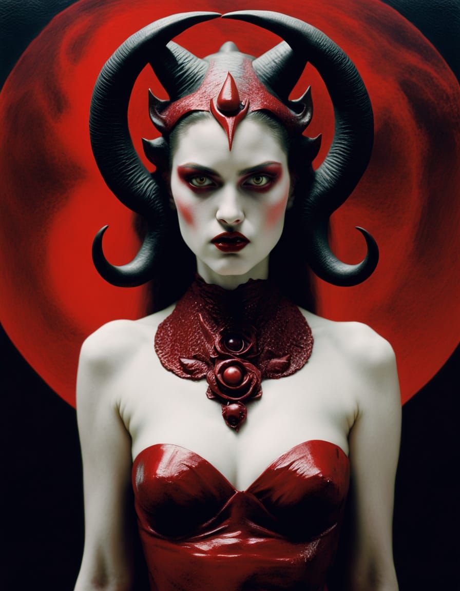 Surreal Goddess of Horror in Electric Crimson Haze