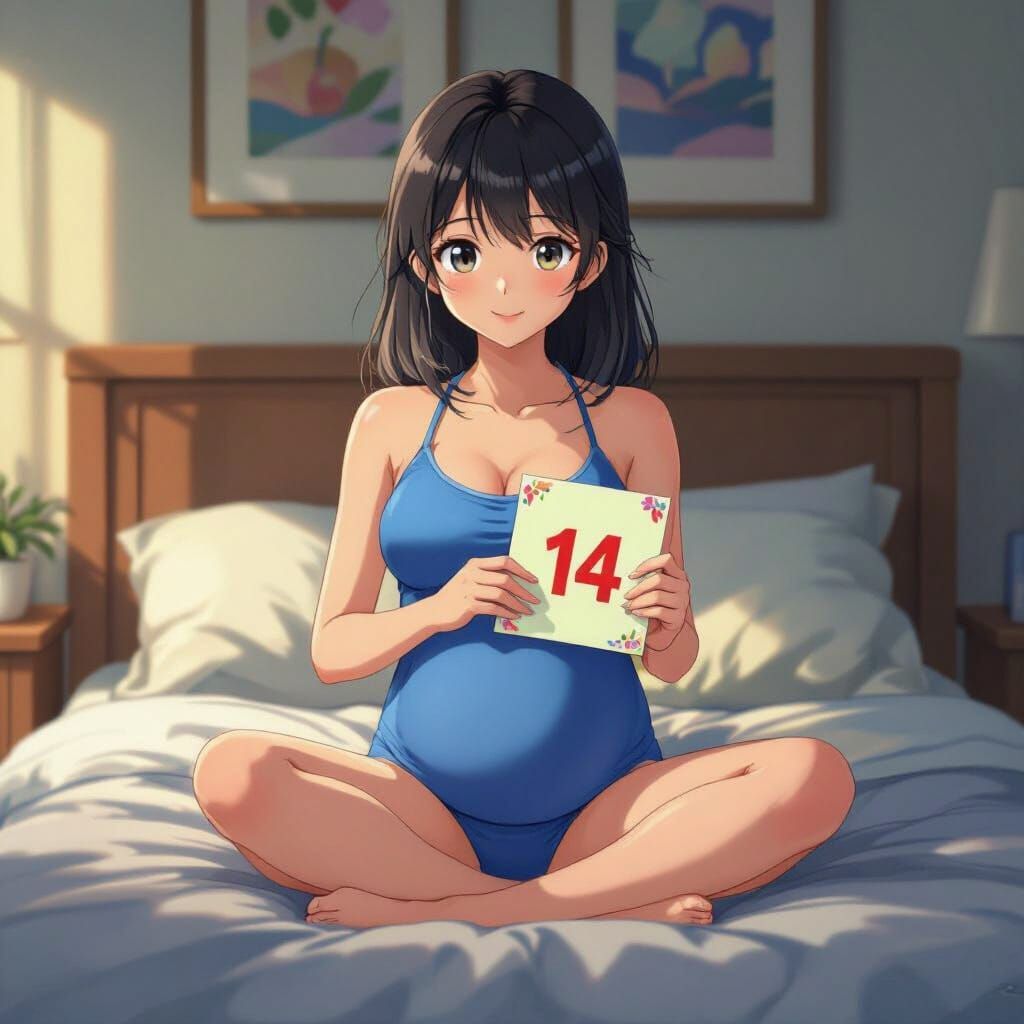 Pregnant Anime Girl with 14th Birthday Card in Bedroom