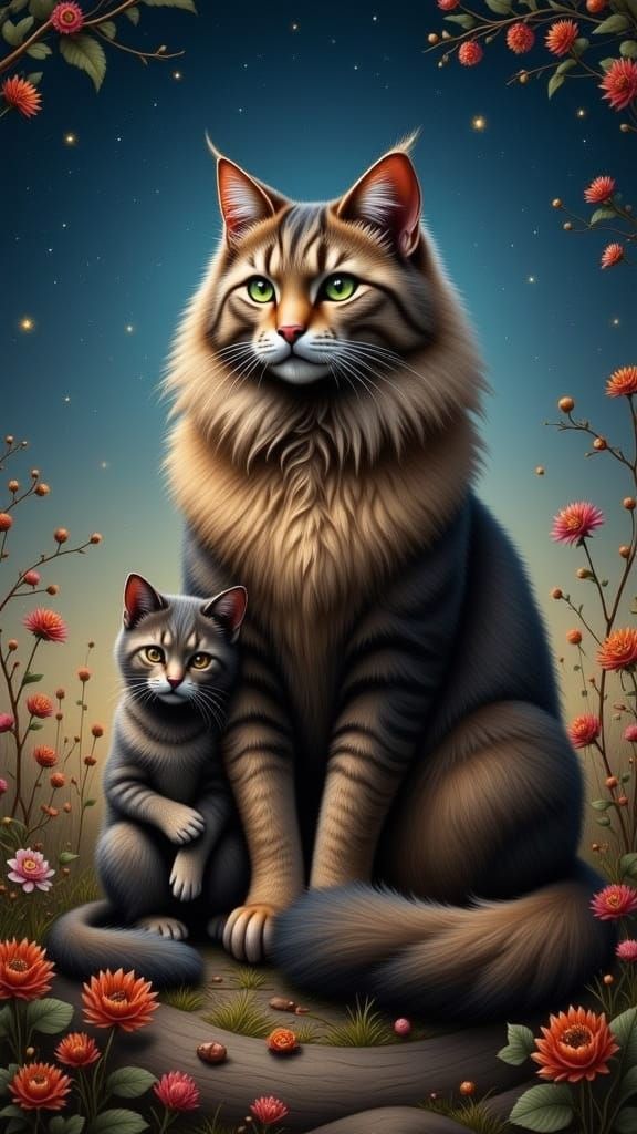 Steampunk Anthro Cat Under Starry Night Sky